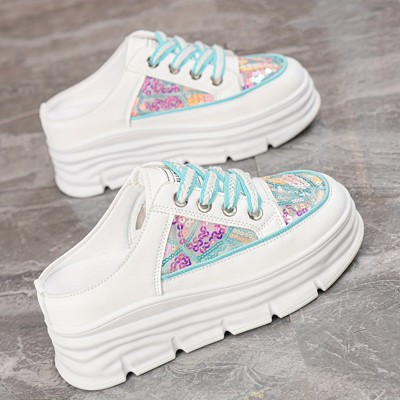 Women's Sequin Slip-On Wedge Sandals With Chunky Sole, Breathable Lace-Up Summer Shoes