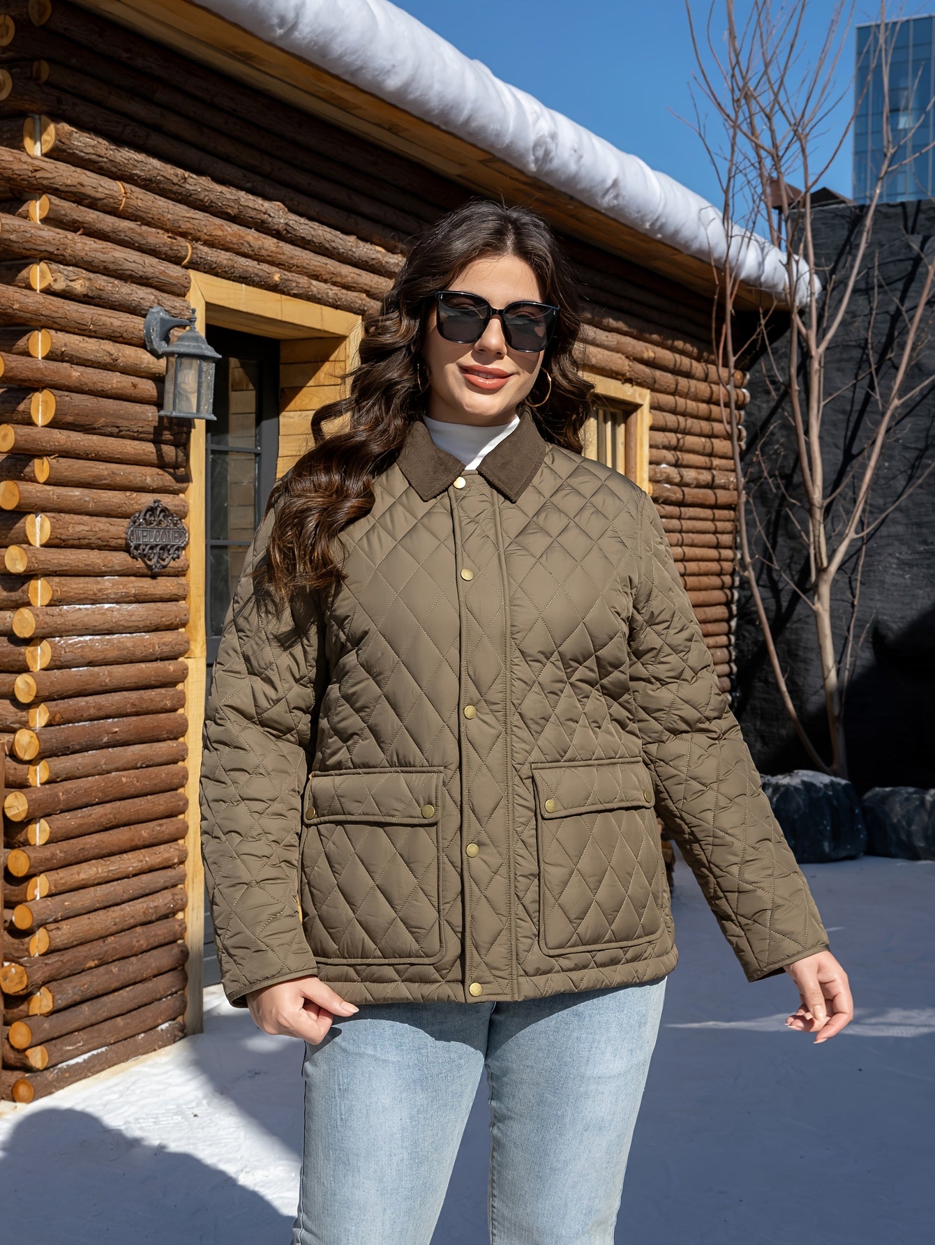 Plus Size Quilted Lapel Jacket in Polyester with Pockets for Fall Winter