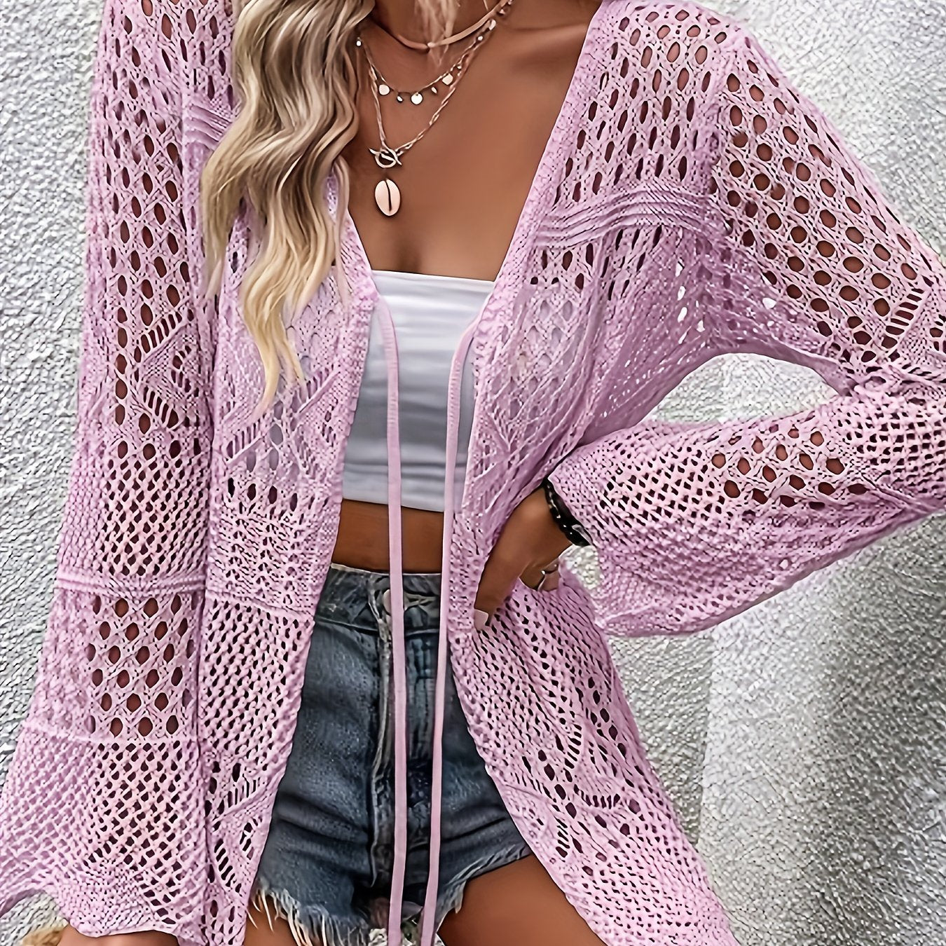 Plus Size Women's Soft Crocheted Open-Front Cardigan Sweater