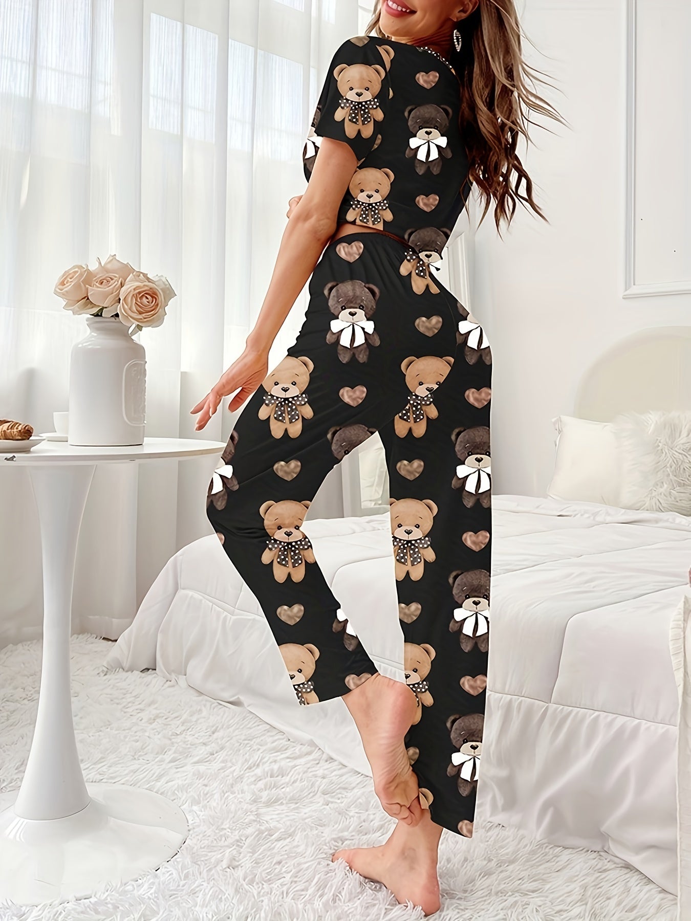 Women's Sleepwear Set with Cartoon Bear and Heart Print Short Sleeve Top and Elastic Pants