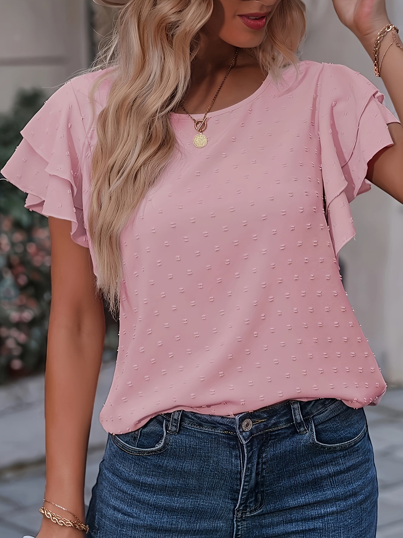 Plus Size Women's Ruffle Sleeve T-Shirt White Spring Summer Casual Top