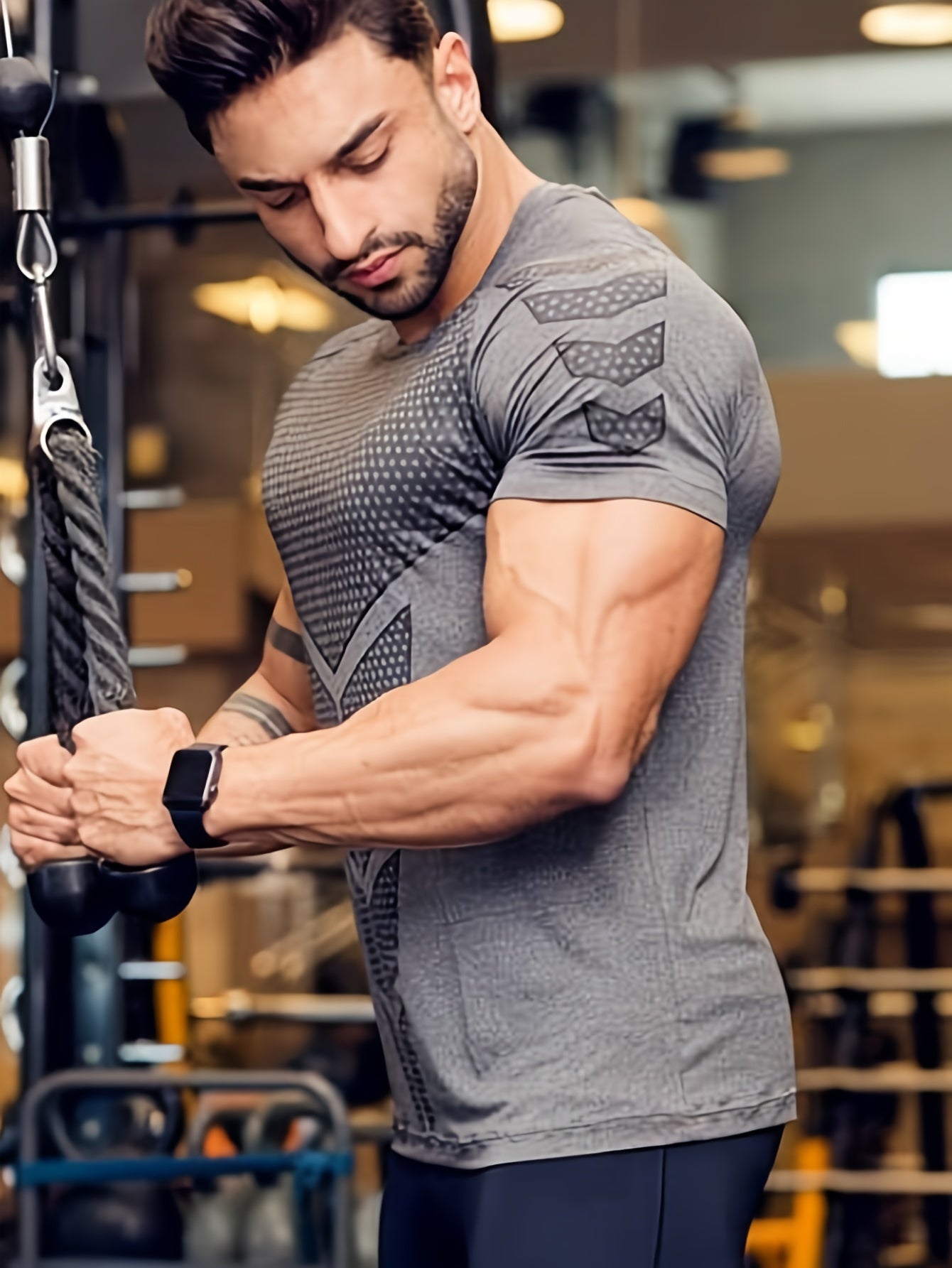 Camiseta de compresión de manga corta para hombres para entrenamiento de culturismo, transpirable y de secado rápido, poliéster