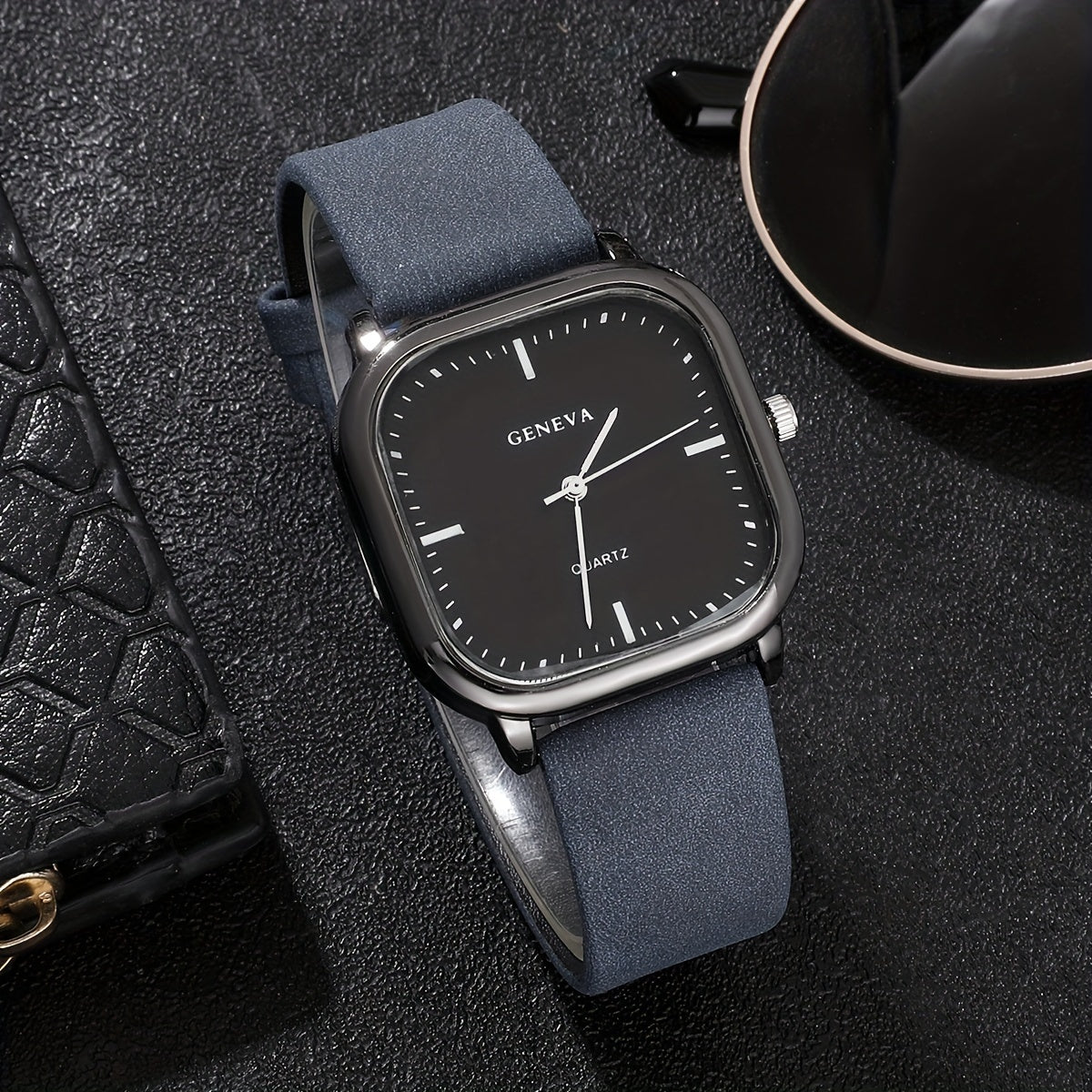 Set of 4 Men's Square Quartz Watches Faux Leather Strap Zinc Alloy Case Gift