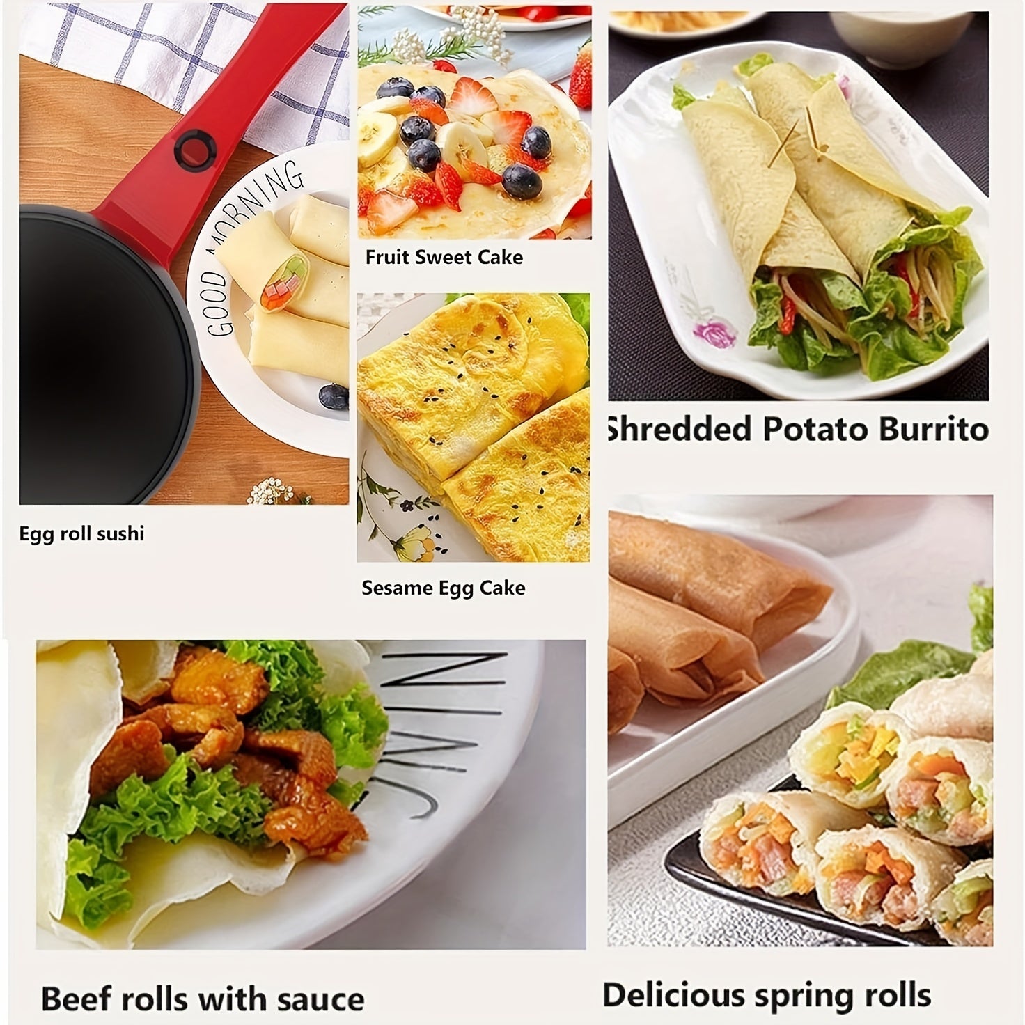 Creador de crepes eléctrico de 600W con sartén antiadherente, espátula para raspar y brocha para aceite