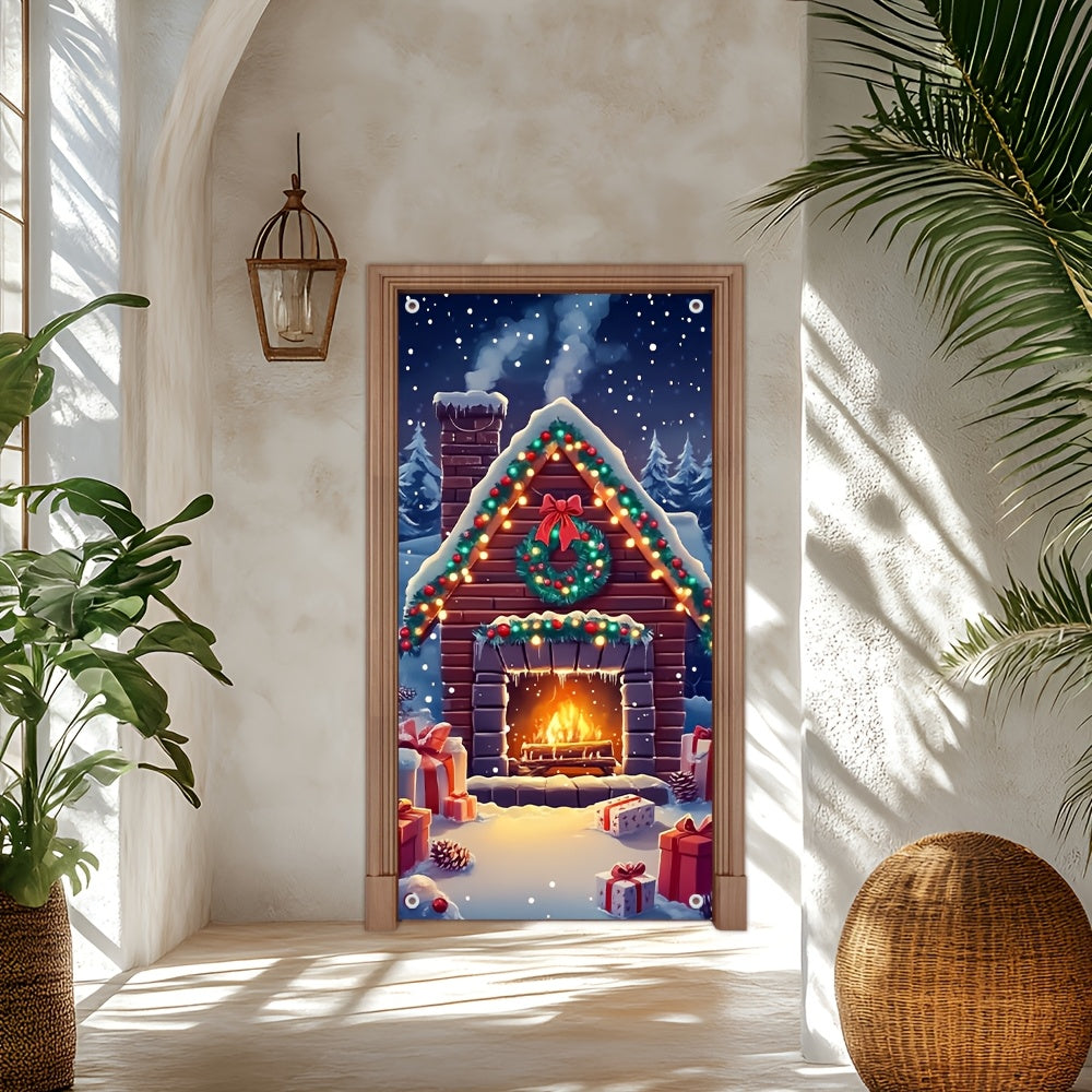 Festive Snowy Fireplace Door Cover for Holiday Winter Events Cozy Entryway