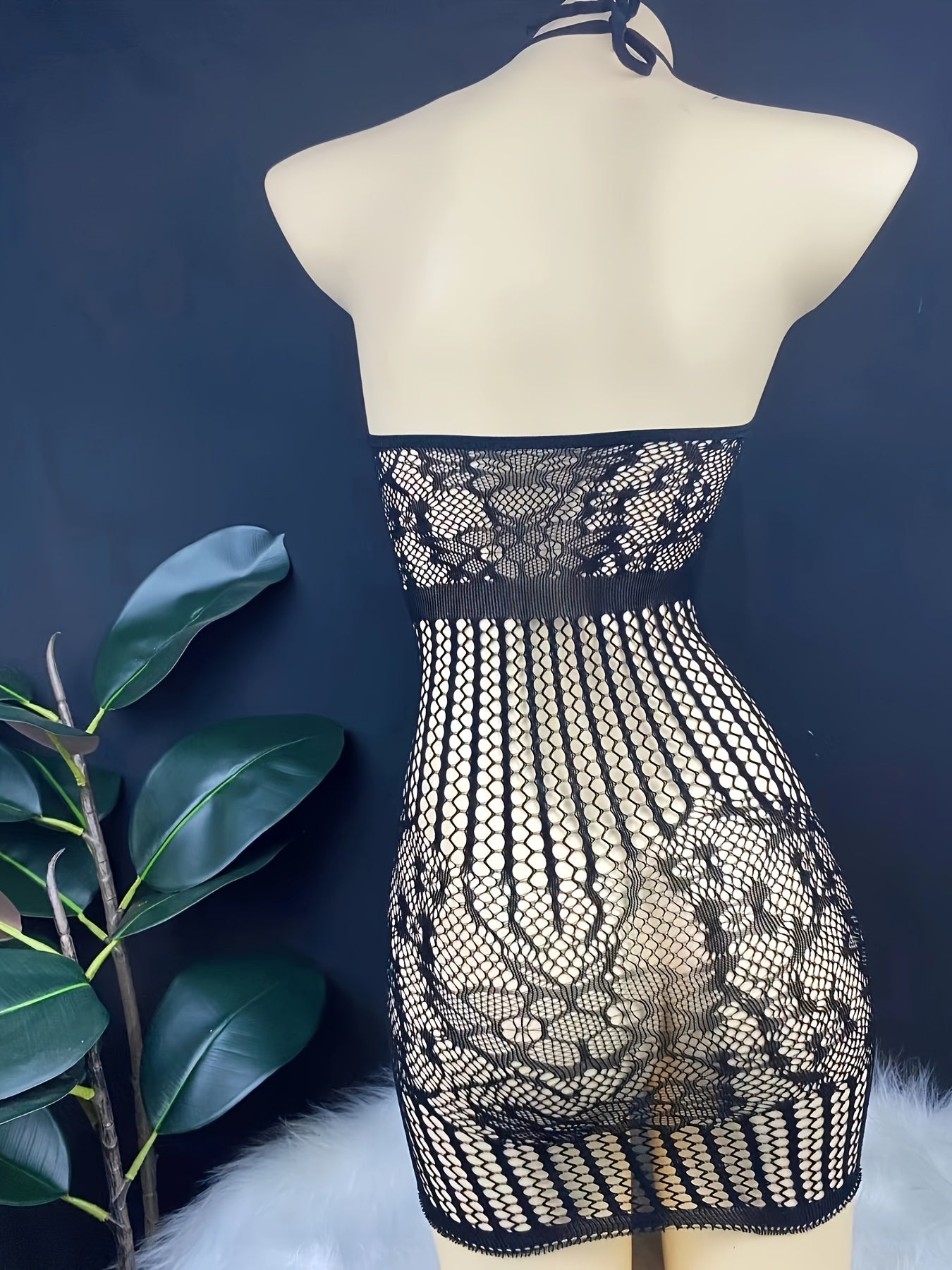 Women’s Lace Mesh Backless Bodysuit with Halter Neck and Nylon Elastane Fabric