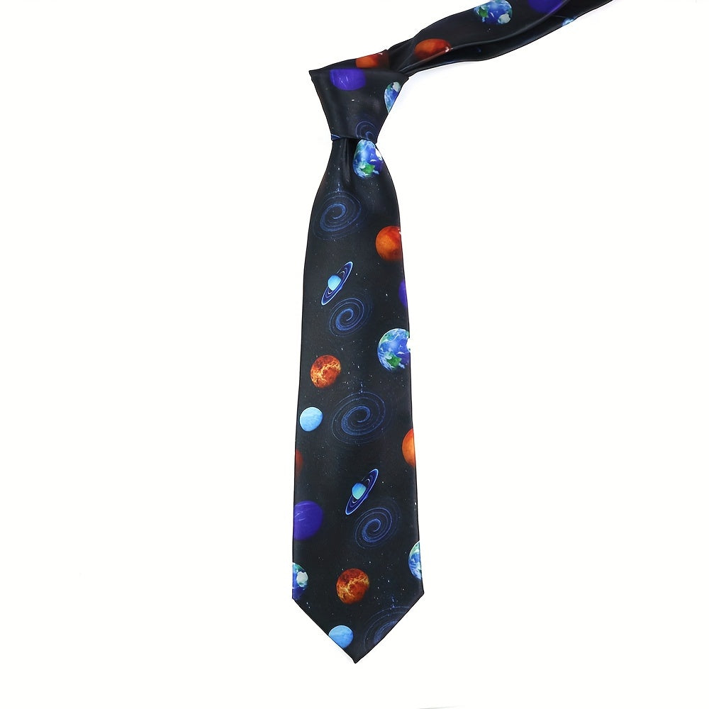 Silk-Like Printed Tie with Airplanes Planets Symbols Musical Notes Footballs for School Work Party