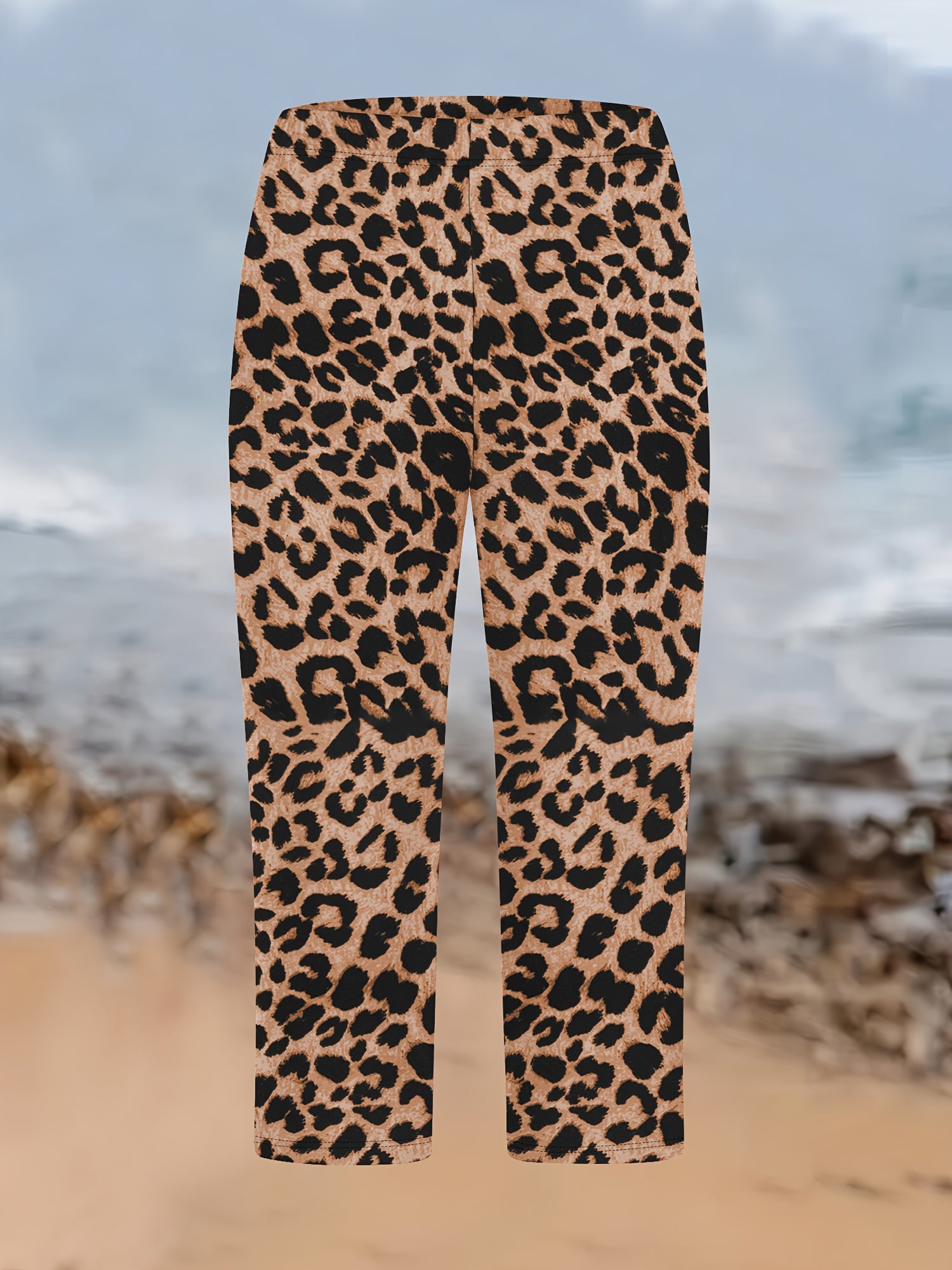 Women Plus Size Leopard Print High-Waisted Stretch Capri Pants Skinny Fit