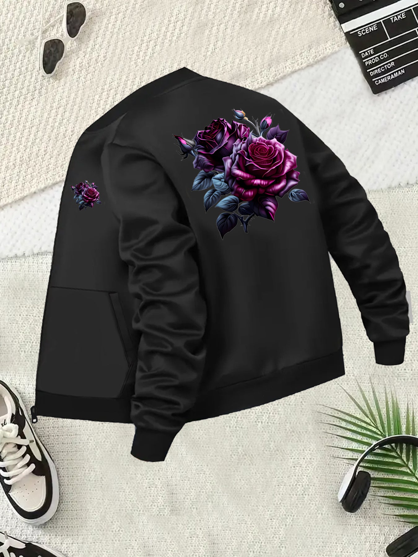 Women's Plus Size Floral Print Bomber Jacket - Black Long Sleeve Pockets
