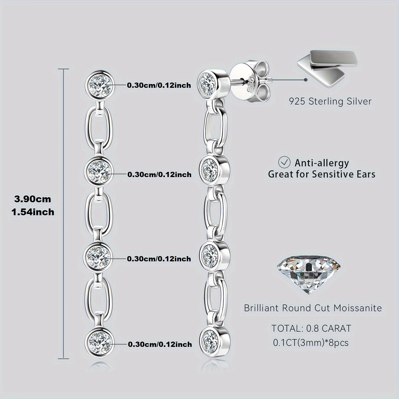 Sterling Silver Drape Earrings with 3mm Moissanite Stones for Women