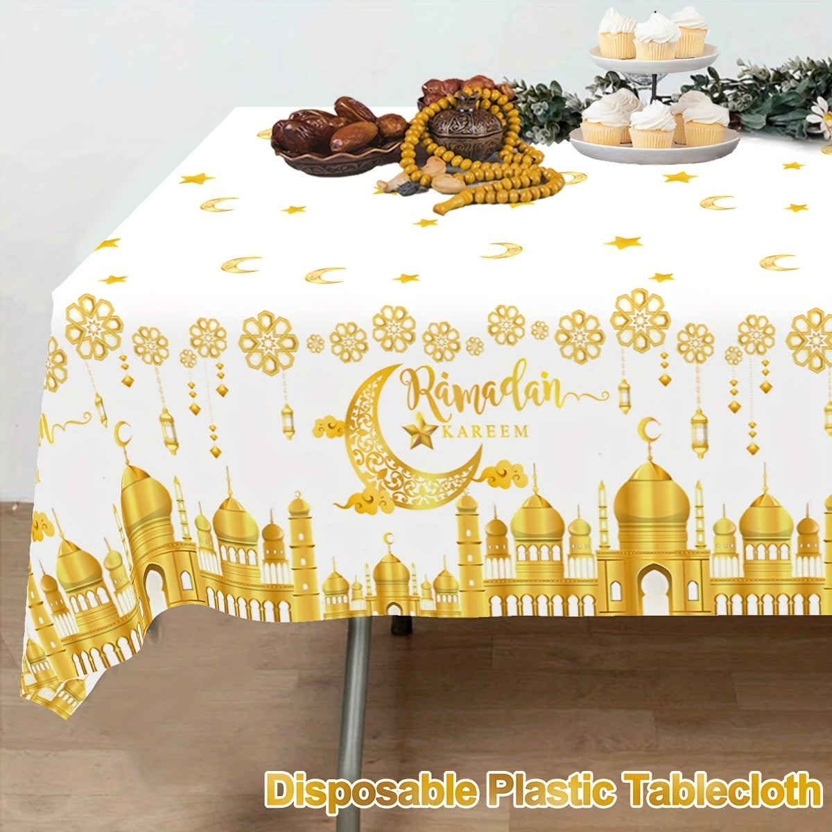Black and White Plastic Eid Mubarak Tablecloth with Castle Moon and Star Lantern Design for Ramadan and Eid