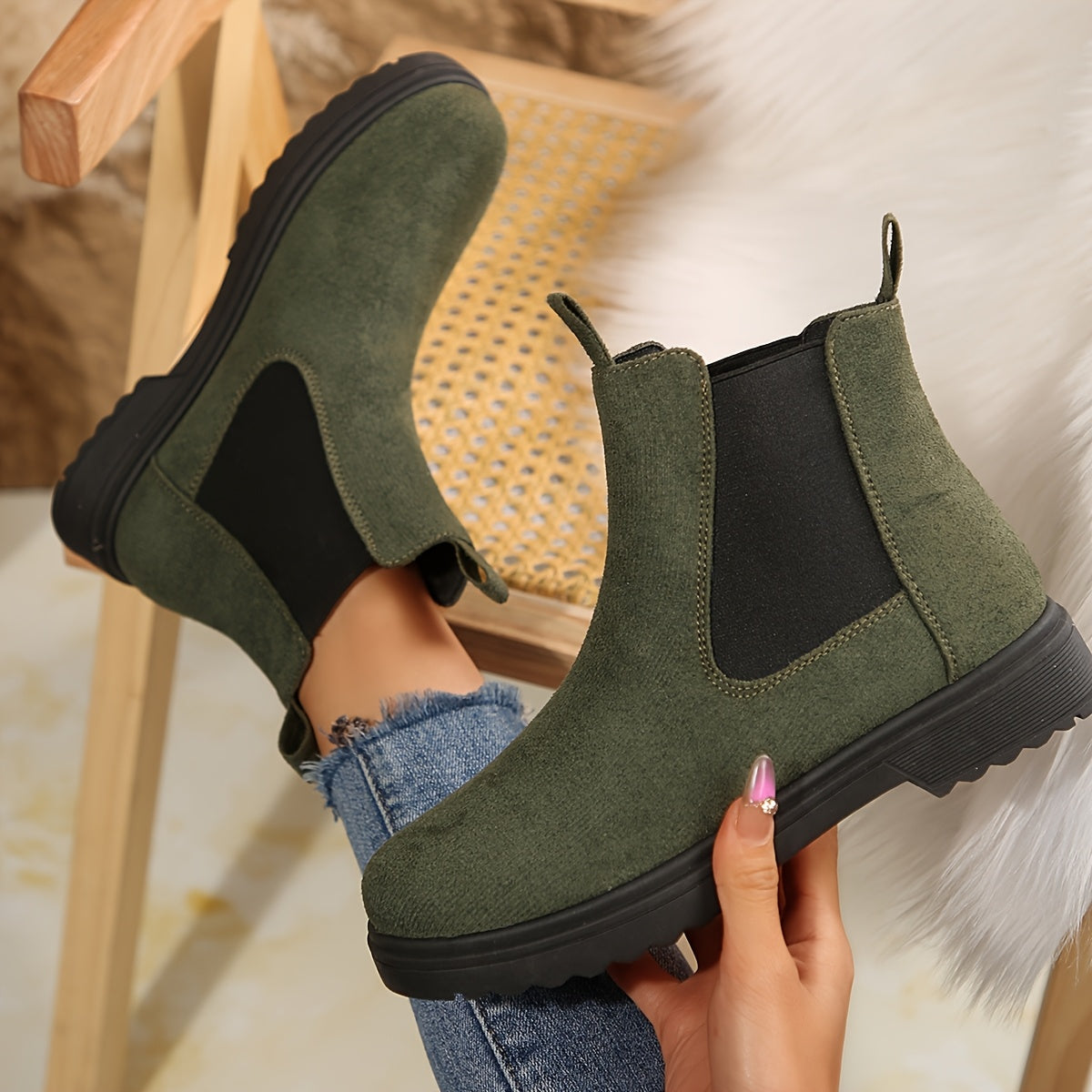 Women's Velvet Short Boots Black Green Brown Flared Casual Hiking Shoes