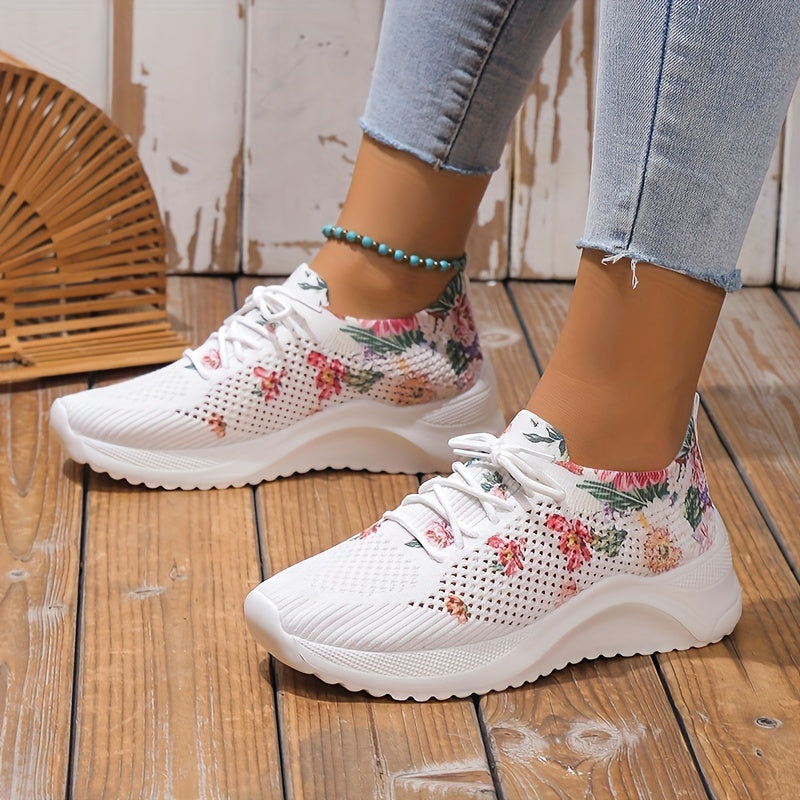 Zapatillas de punto con estampado floral para mujer, zapatillas de correr de caña baja con cordones