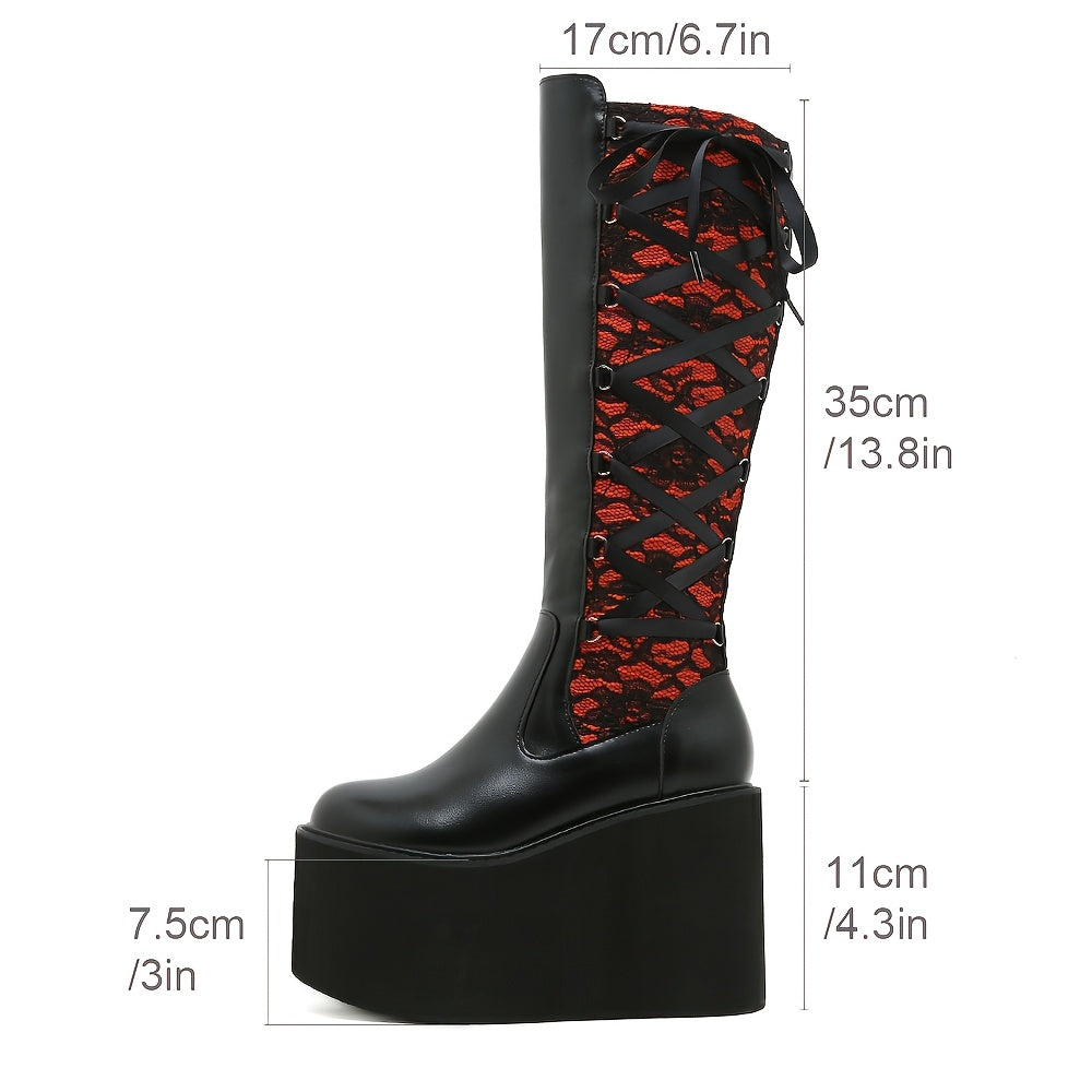 Women's Faux Leather Floral Lace-Up Knee-High Winter Boots Black Red Wedge