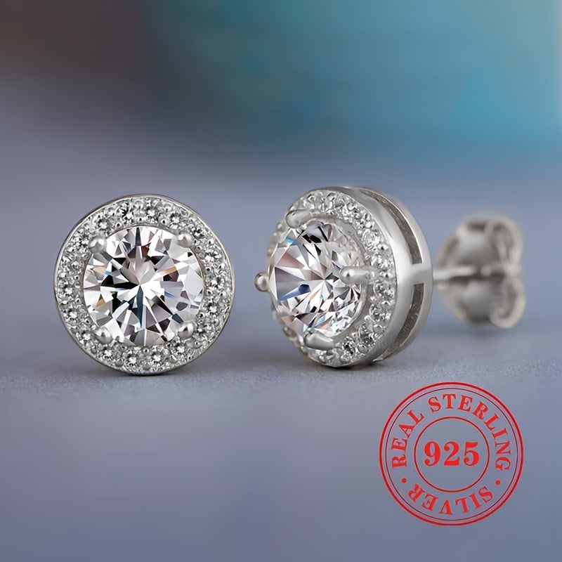Sterling Silver Stud Earrings for Women Cubic Zirconia Round Square Jewelry