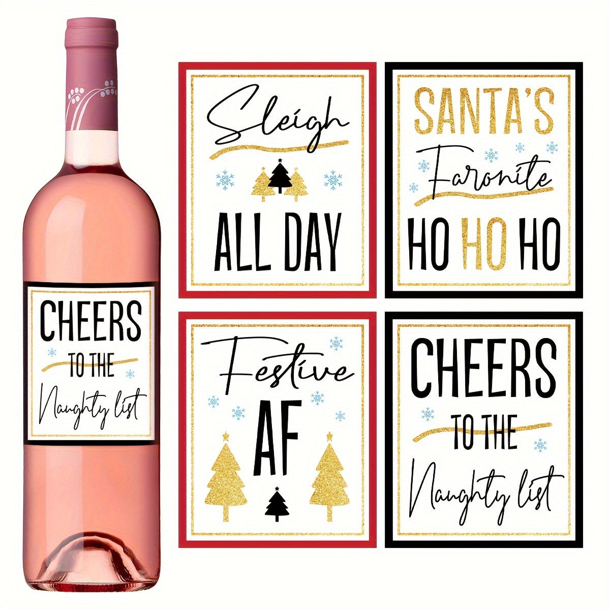 Black and Gold Christmas Wine Labels for Holiday Party Decorations Set of 4