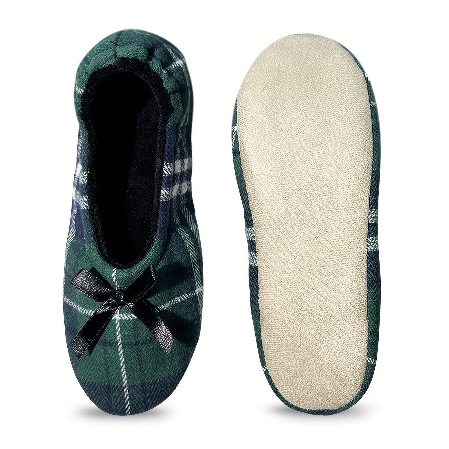 Women's Plaid Ballet Flats with Black Bowknot Casual Slip-On Round Toe