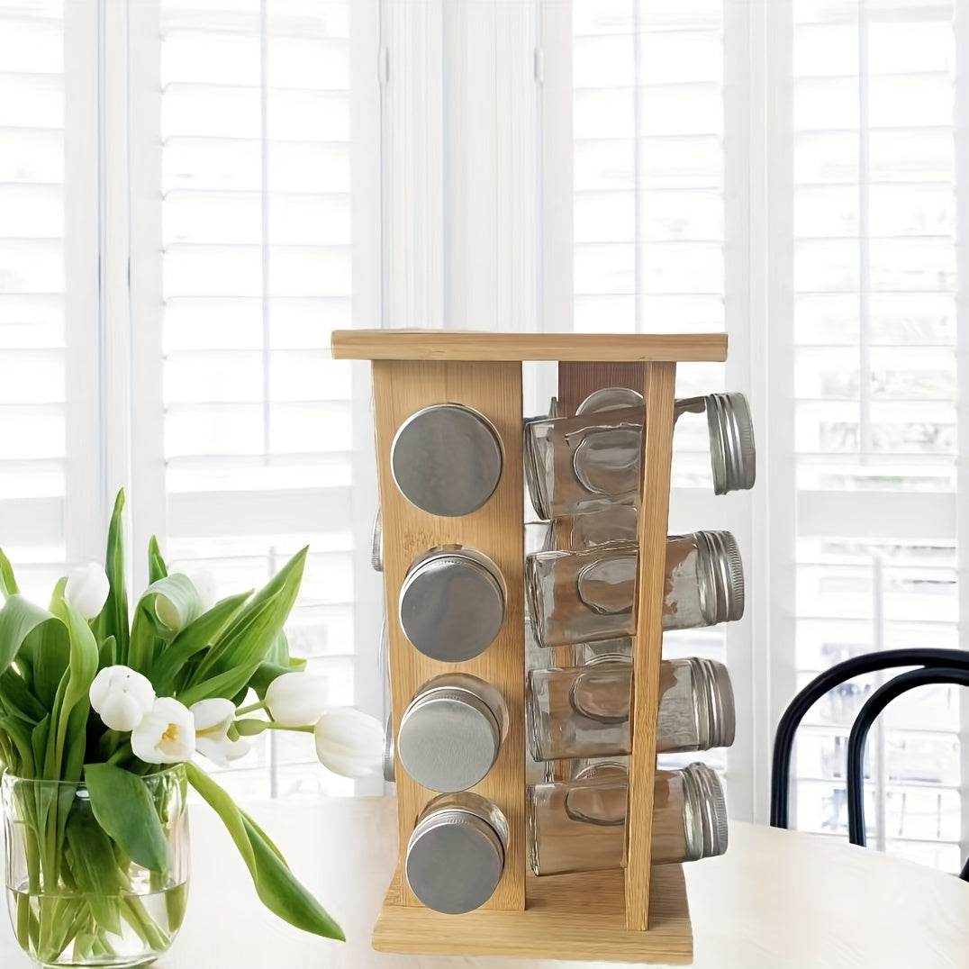 Bamboo Kitchen Countertop Spice Rack Rotating Holder Holds 16 Cans