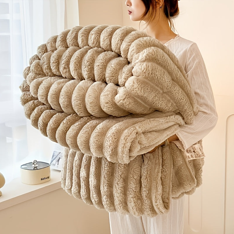 Double-Layer Plush Throw Blanket in Champagne Polyester Cozy All-Season