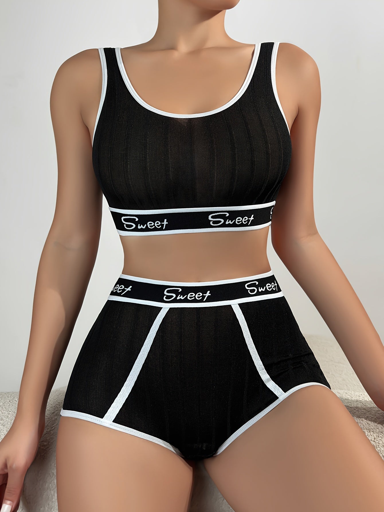 Women's Ribbed Letter Print Lingerie Set with Contrast Bindings and Breathable Fabric