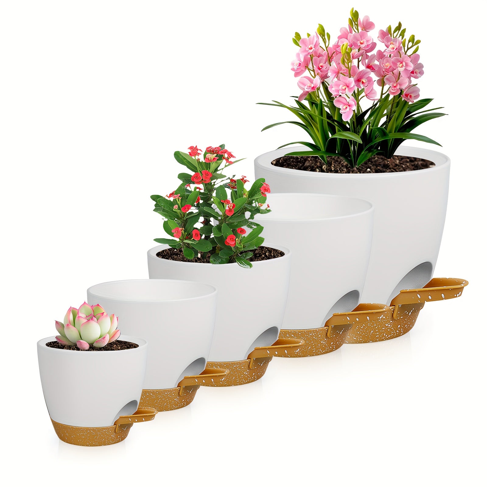 Self-Watering Plant Pots Set of 5 Minimalist Plastic Indoor Outdoor Garden Containers