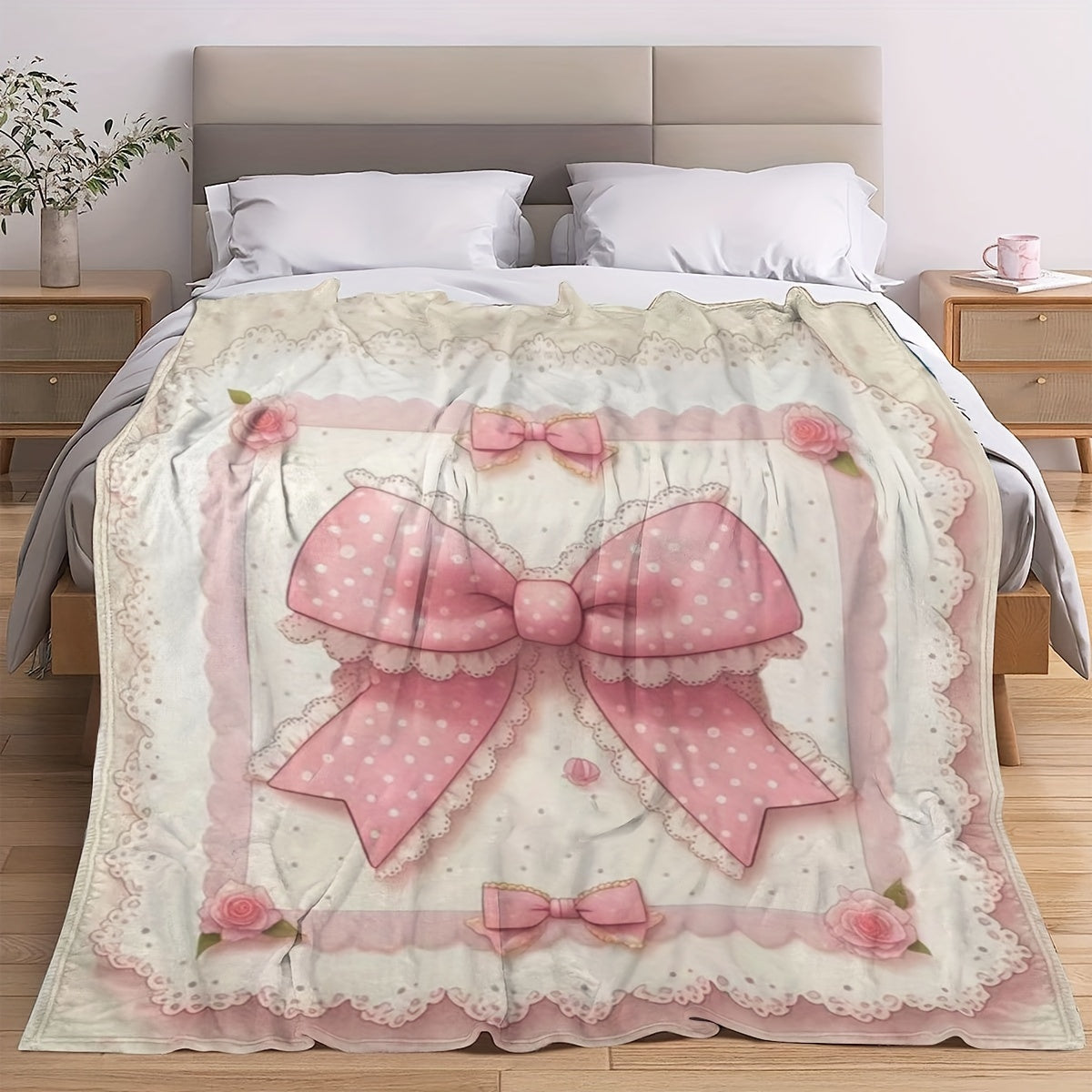 Pink Lace Design Throw Blanket for Girls Soft Flannel All Seasons