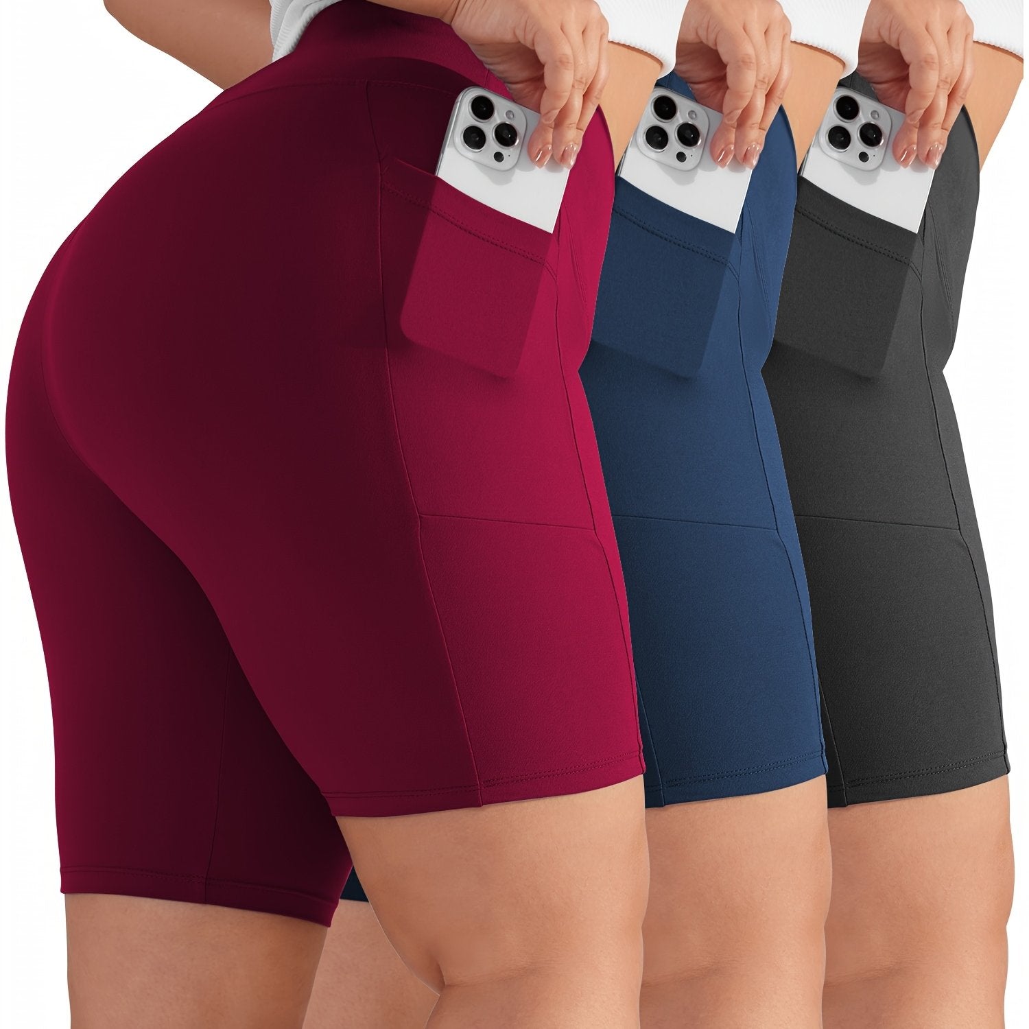 Women Plus Size High-Waisted Capri Leggings Stretchy Maroon Pockets