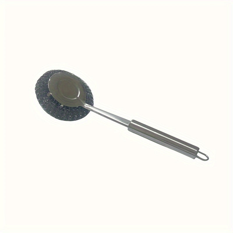 Stainless Steel Pan Scrubber with Long Handle, Durable Pot Cleaner, Multi-Purpose