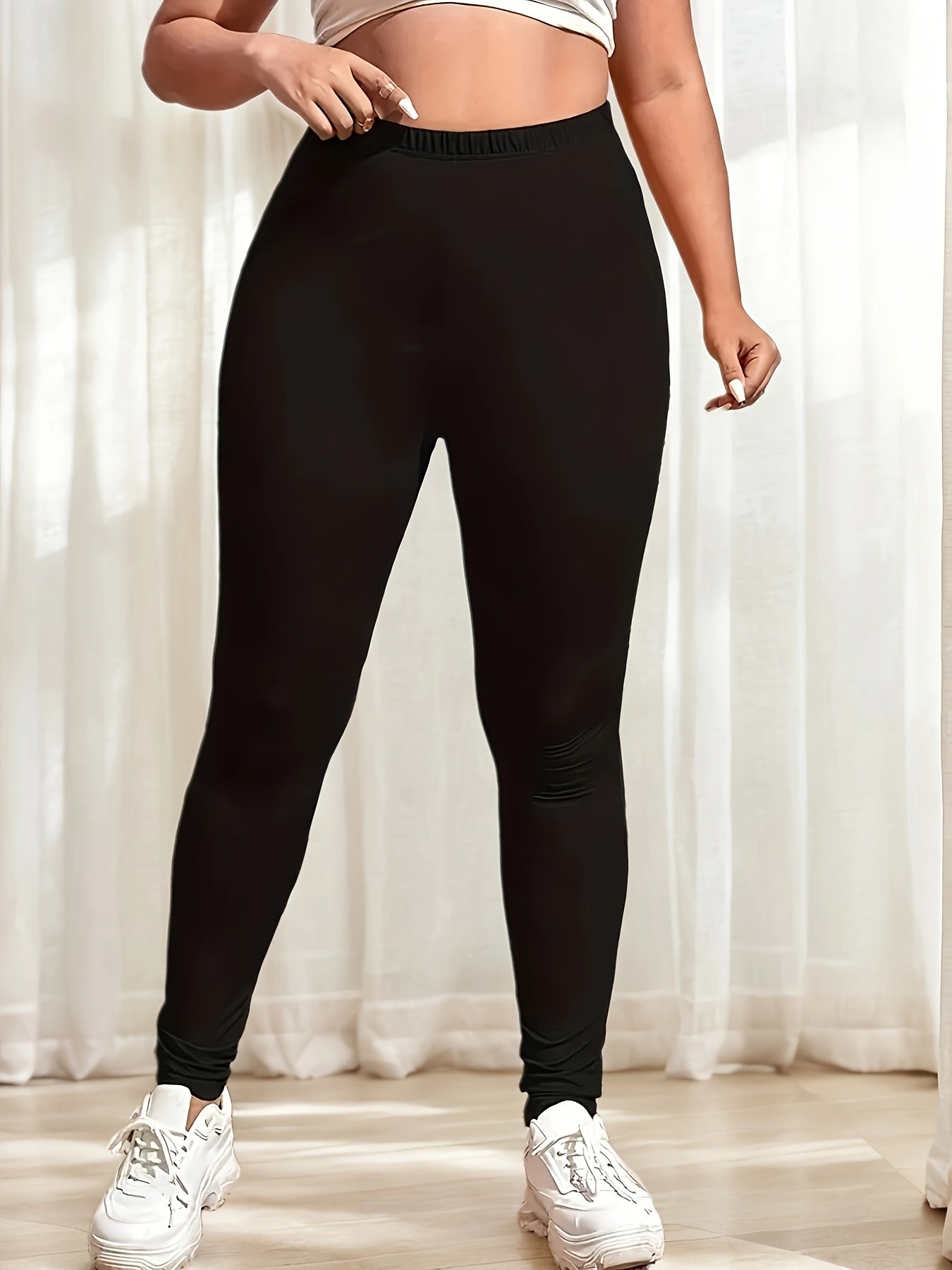 Women Plus Size Solid Color High Waisted Leggings Polyester Slim Fit Trousers
