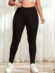 Women Plus Size Solid Color High Waisted Leggings Polyester Slim Fit Trousers
