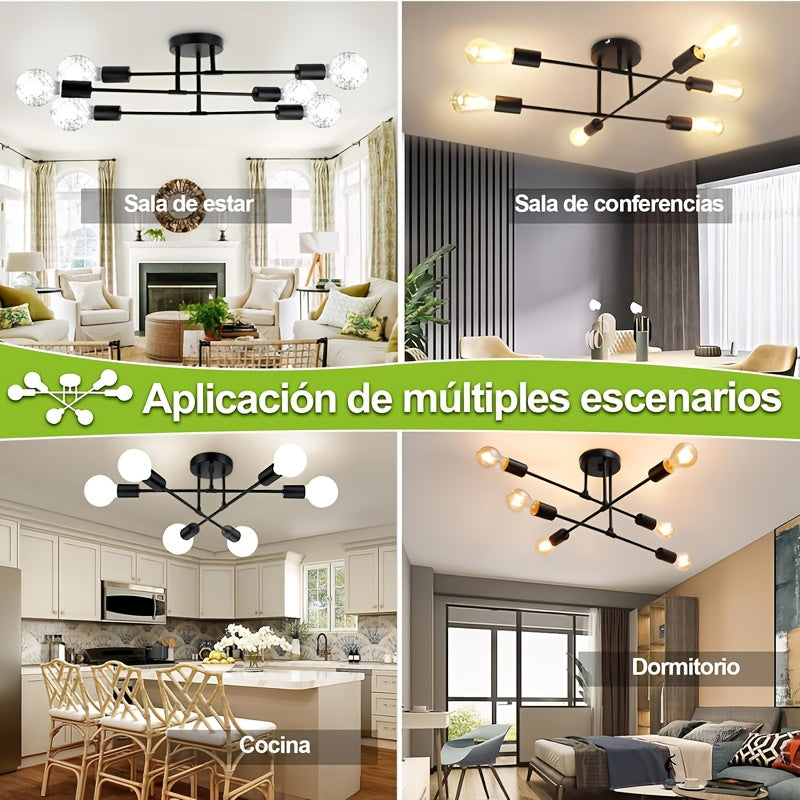 Modern Metal Chandelier with 6 Lights Black and Gold Flush Mount for Bedroom Kitchen Dining