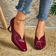 Women Fashion High Heels Small Square Toe Diamond Buckle Chunky Heel