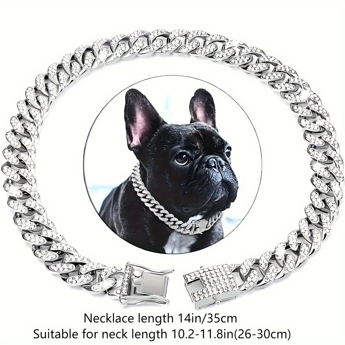 Dog Collar with Rhinestones Cuban Link Stainless Steel 13mm Wide Adjustable