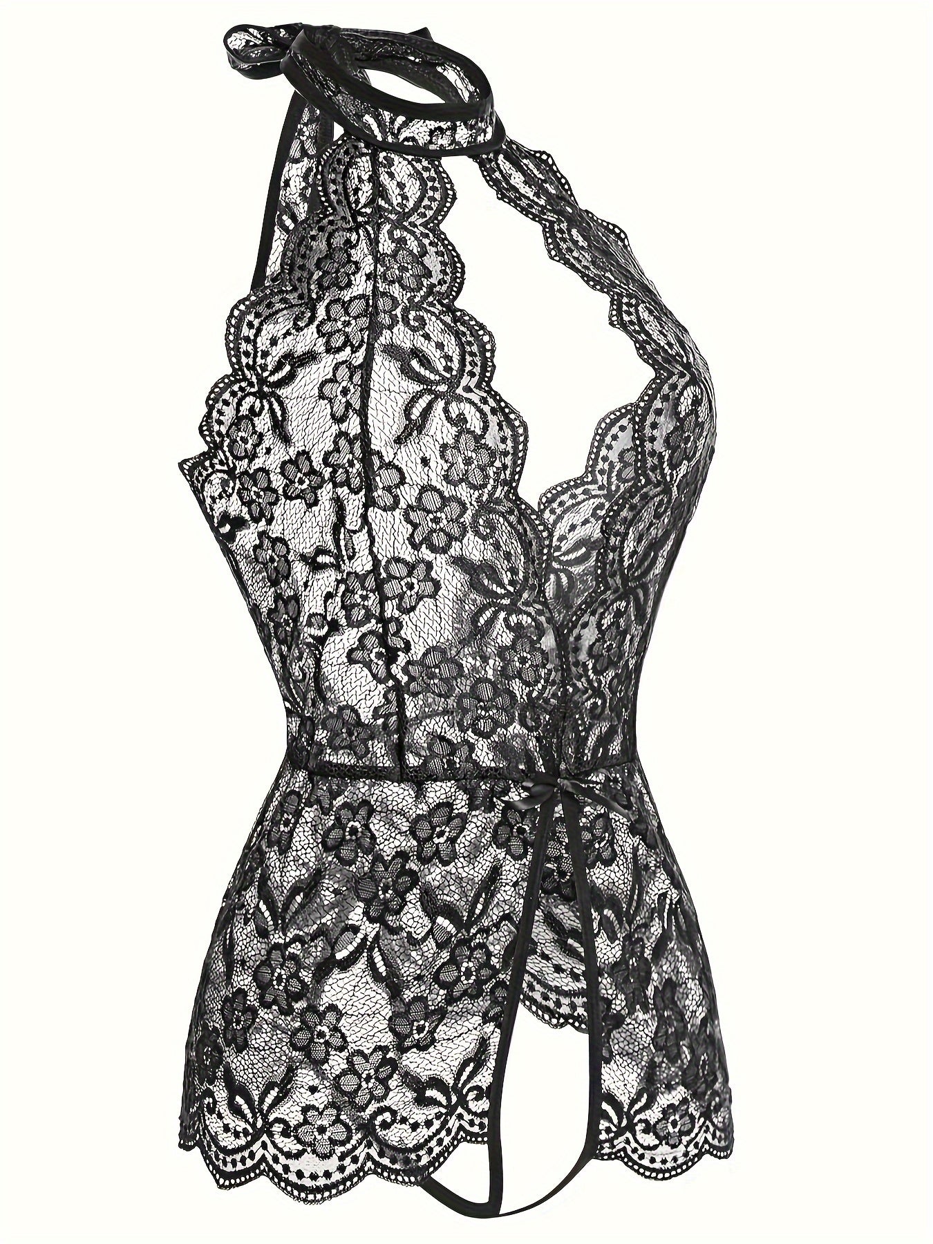 Women's Black Lace Velvet Teddy with Deep V Neck Backless Adjustable Straps