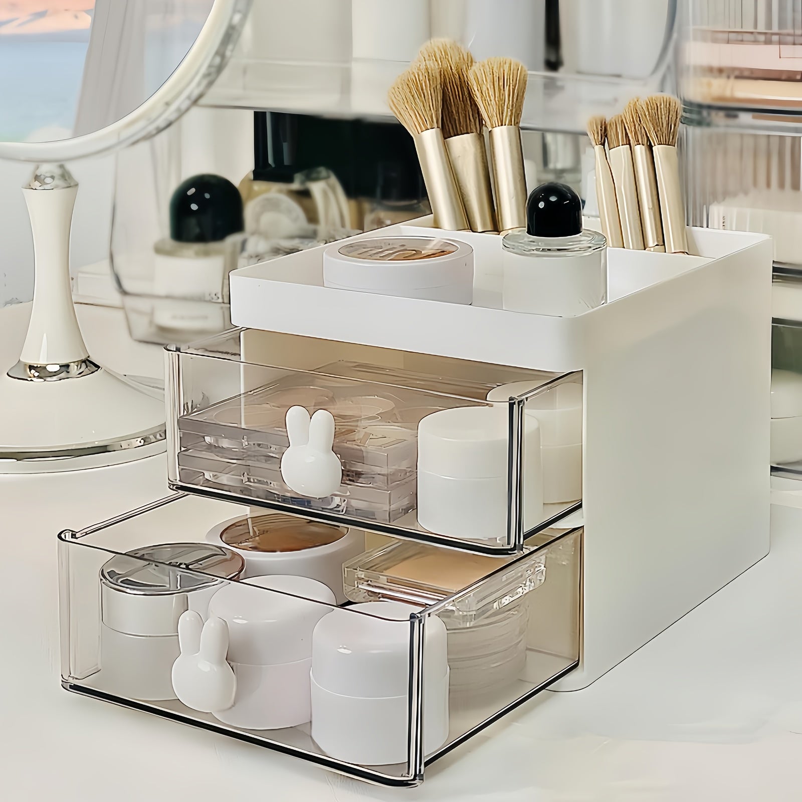 White Cosmetic Storage Box with Rabbit Handles 2-Drawer Desktop Organizer for Makeup Jewelry Office Supplies
