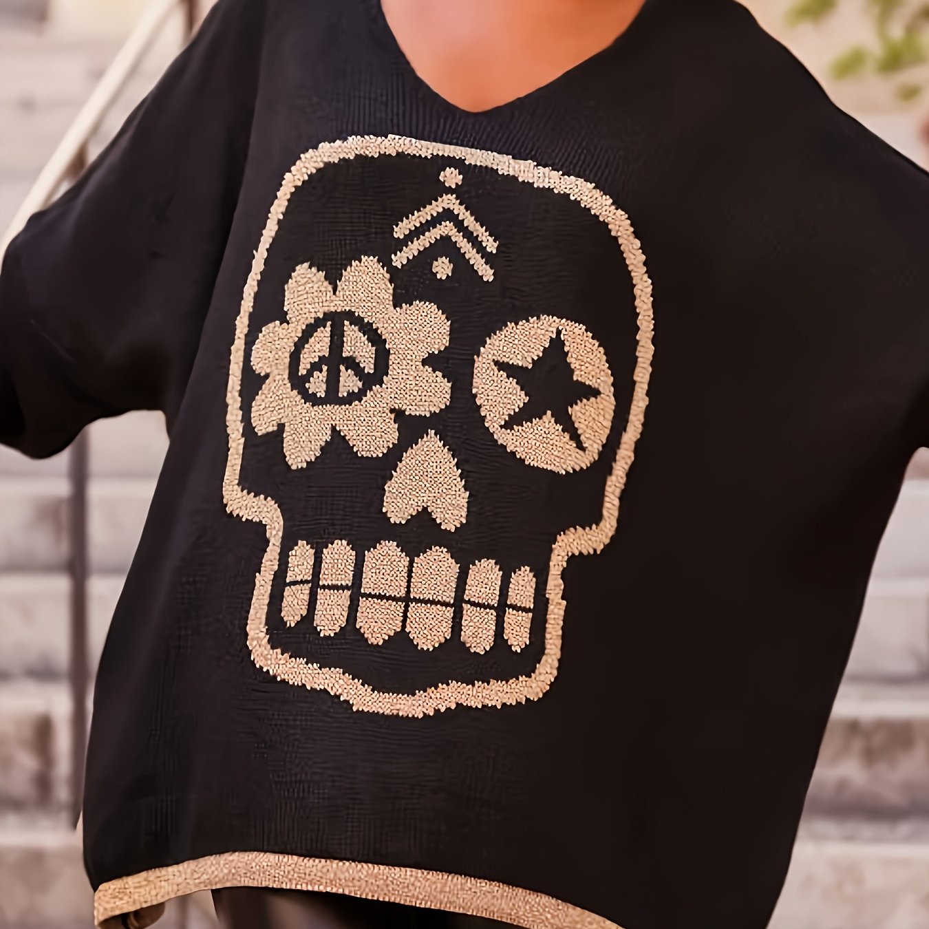 Plus-Size Women's Sweater V-Neck Skull Floral Geometric Long Sleeve Loose Fit Pullover