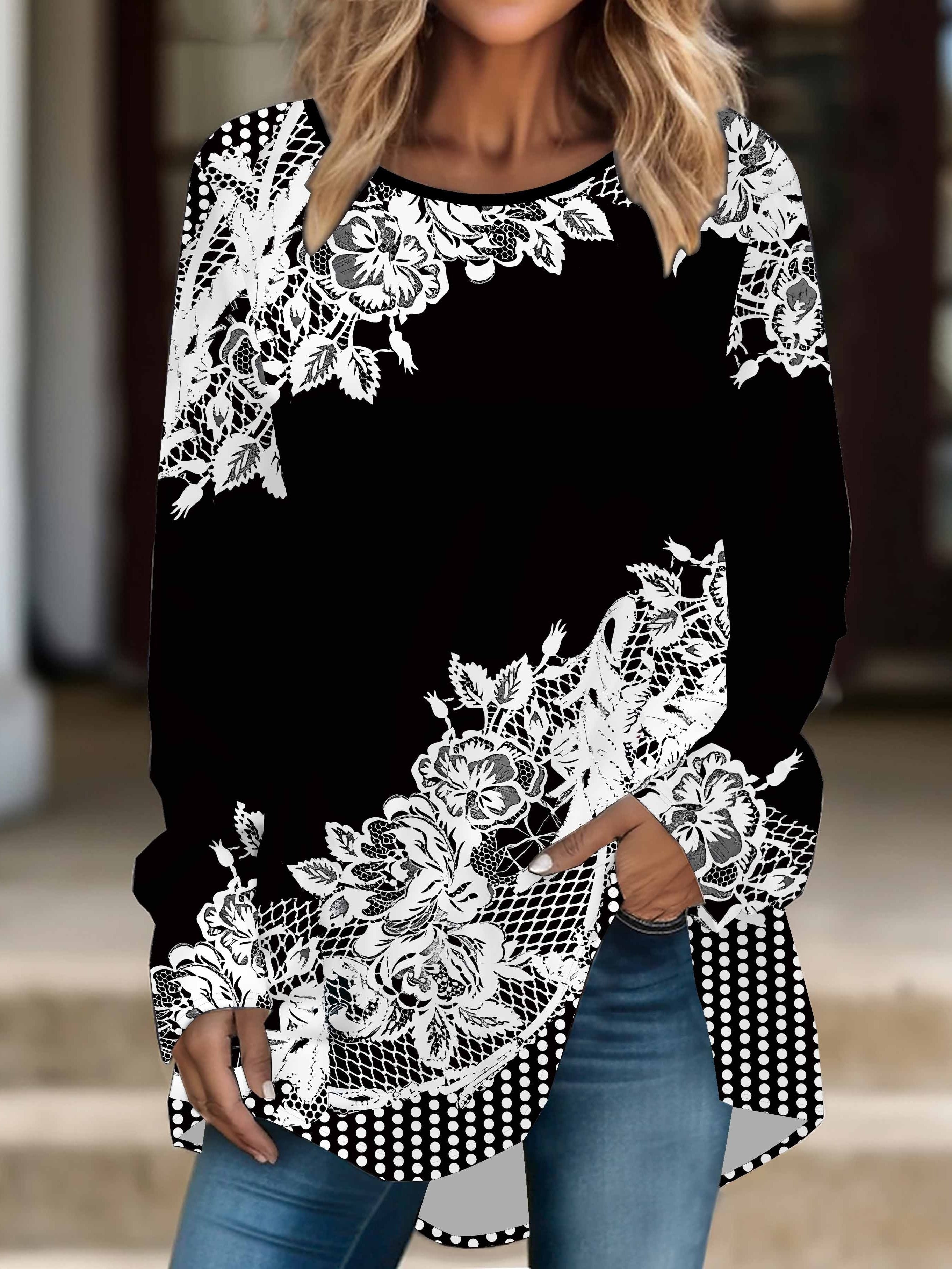 Women's Plus Size Floral Print Long Sleeve T-Shirt Crew Neck Stretchy Polyester for Spring Fall