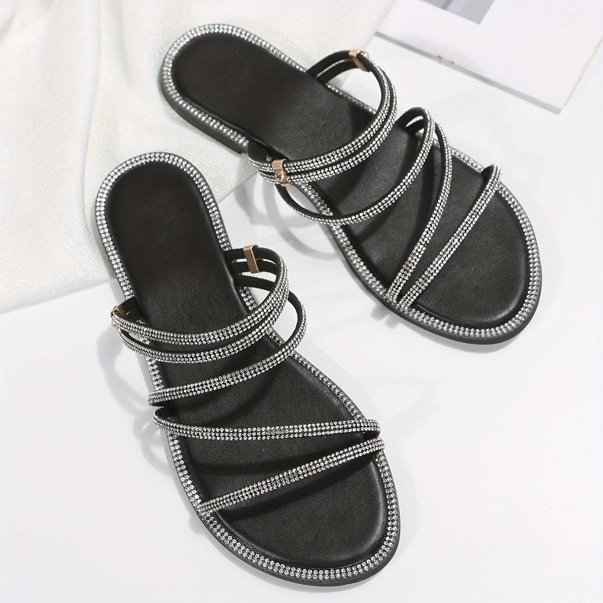 Women's Rhinestone-Embellished Two-Way Flat Sandals Open-Toe Slip-On Beach Shoes