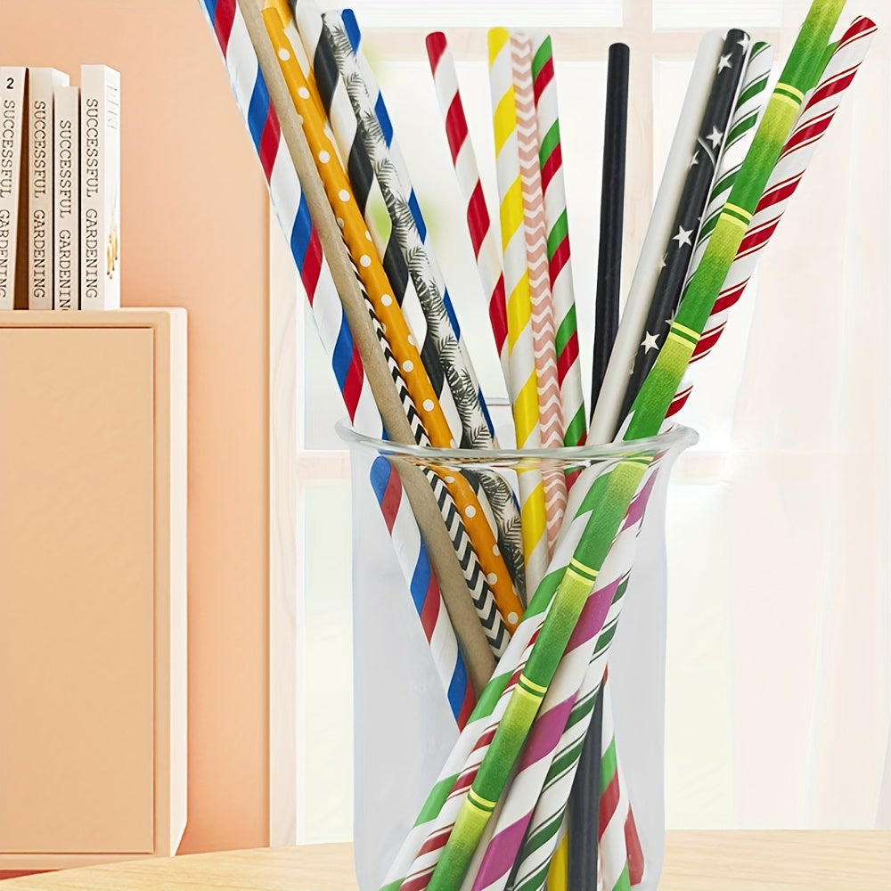 25 Pack Assorted Paper Straws Polka Dot Striped Waves Stars for Parties Weddings BBQ