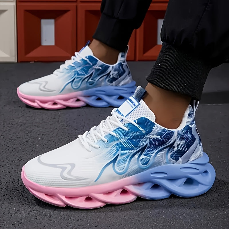 Zapatillas deportivas casuales para hombre con parte superior de punto transpirable, suela amortiguadora de impacto MD, de perfil bajo, con cordones, en gris y blanco