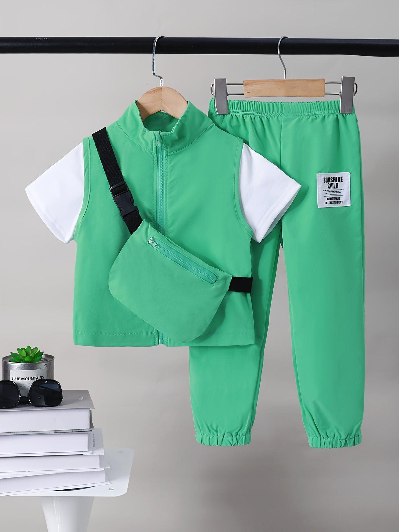 Boys Spring Outfit 4-Piece Set Short Sleeve T-Shirt Sleeveless Vest Cargo Pants Crossbody Bag Kids Casual