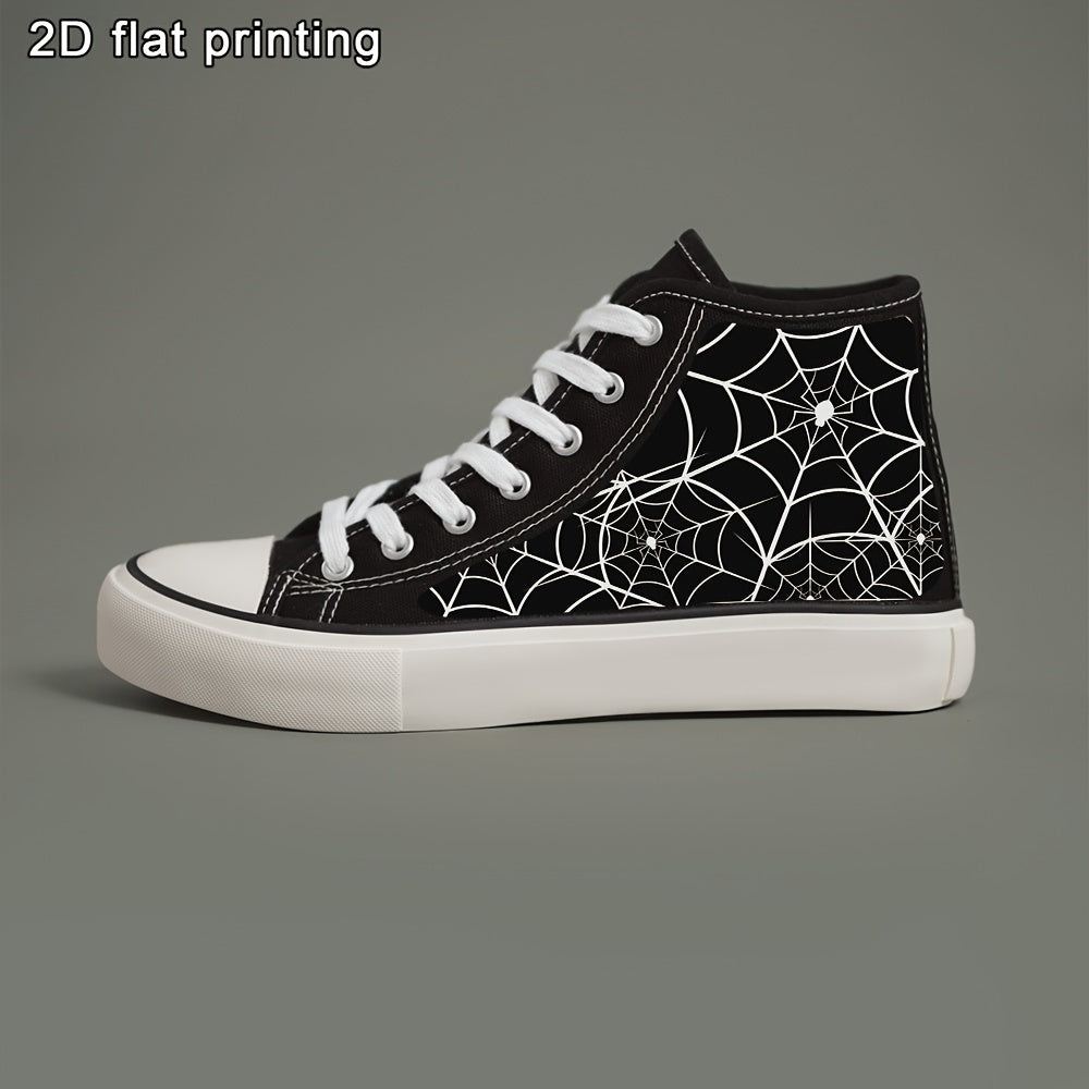 Women's Black White Spider Web Print High-Top Sneakers Casual Skate Shoes