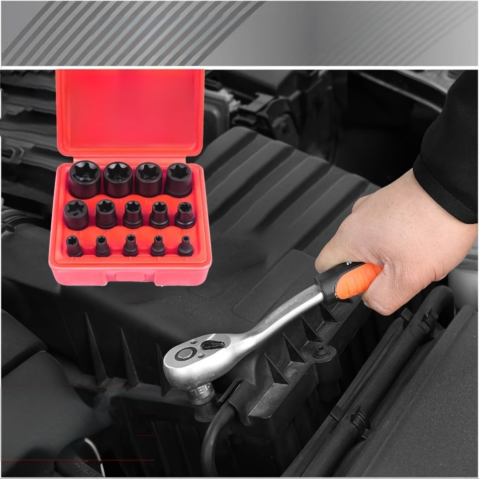 14 Pcs E-Torx Socket Set with External and Female Plum Blossom Design