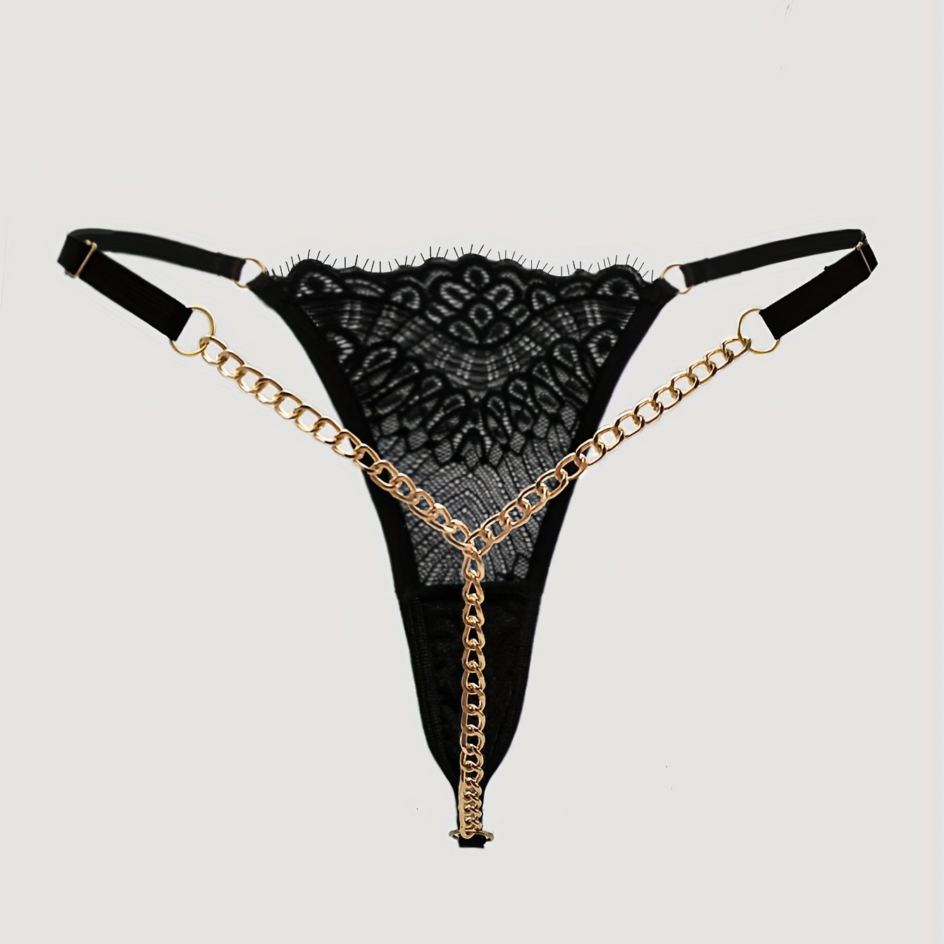 Women's Low-Rise Lace Thongs with Semi-Sheer Fabric and Chain Link Design