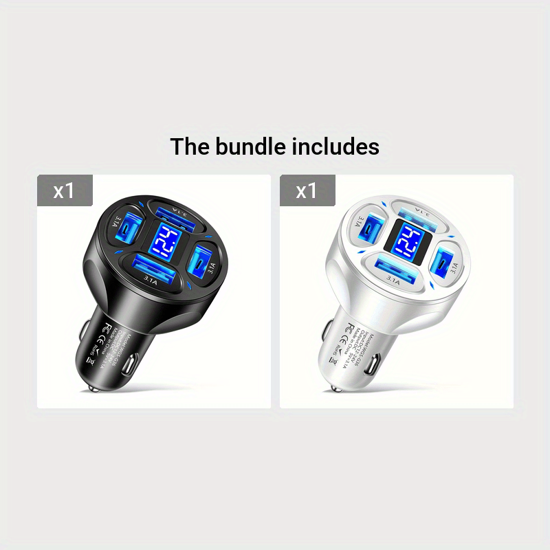 LED displeyli bardoshli ABS kichik qora/oq 4-portli USB avtomobil zaryadkasi