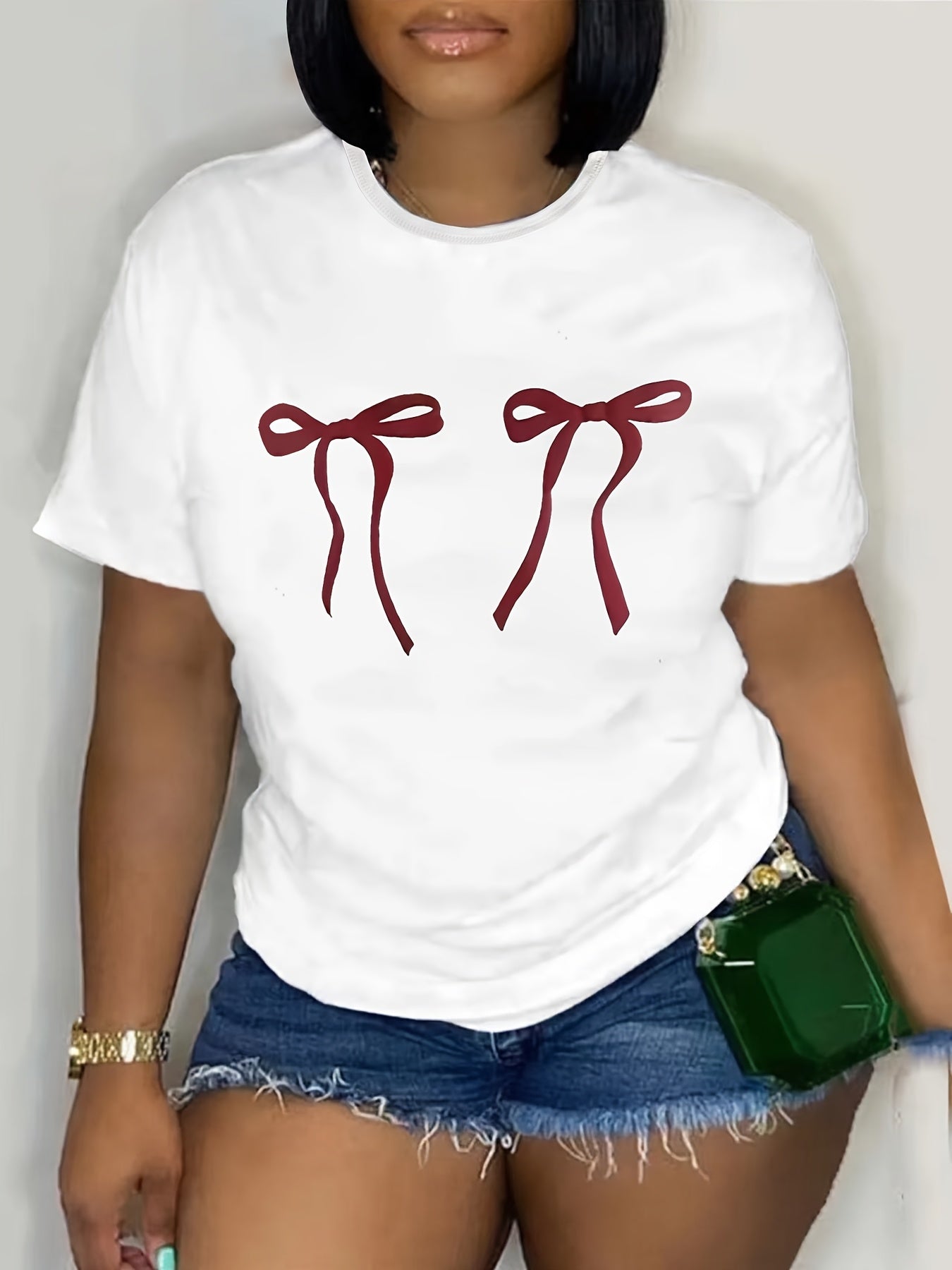 Women's Loose Cotton Bow Tie T-Shirt with Short Sleeves