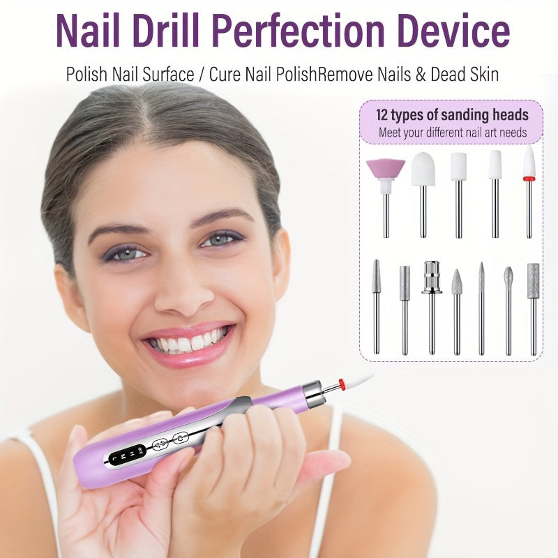 Portable Electric Nail Drill with USB Charging 3-Speed Low Noise Manicure Pedicure Tool