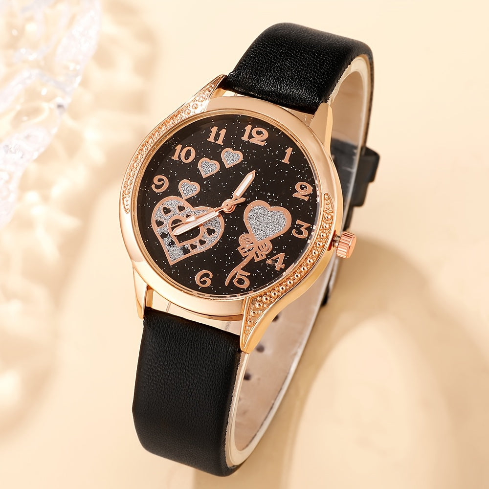 Set of 6 Women's Fashion Quartz Watches with Black PU Leather Rhinestone Jewelry and Bag