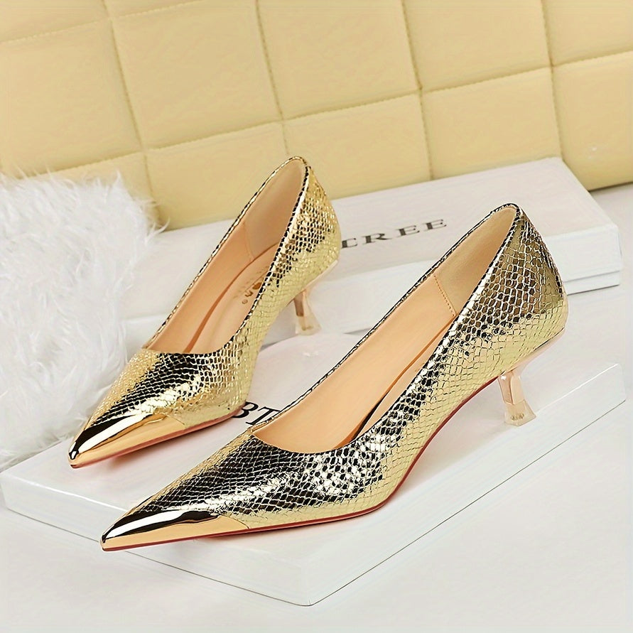 Women's Mid-Heel Pumps with Metallic Toe and Sequin Snake Pattern