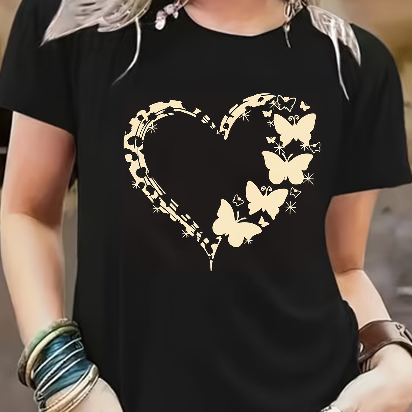 Women's Plus Size Leopard Heart Butterfly Print Black Short Sleeve T-Shirt Casual Breathable Stretch Summer Fall